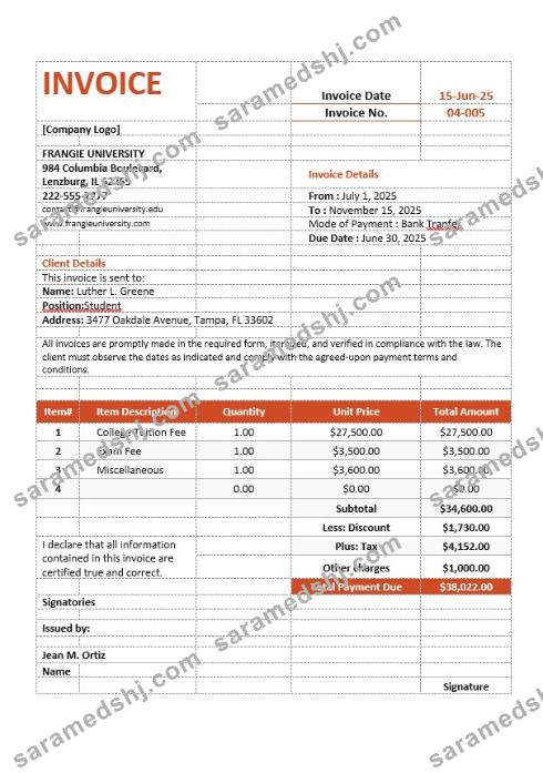 College Tuition Invoice Template
